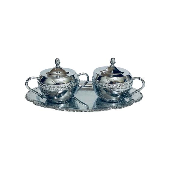 Vintage Irvanware Silver Etched Creamer Sugar Dish With Tray - Picture 1 of 8
